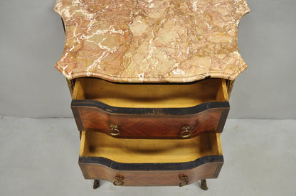Antique French Louis XV Marquetry Inlay Marble Top Bombe Nightstand Side Table