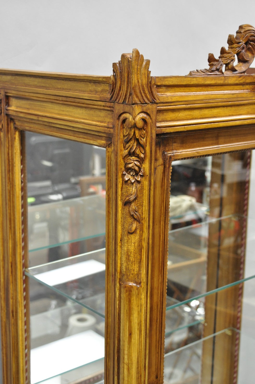 Vintage French Baroque Style Carved Wood & Glass Curio China Display Cabinet