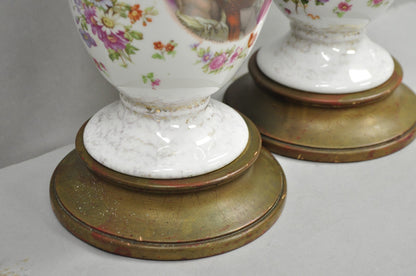 Antique French Renaissance Victorian Porcelain Urn Figural Cameo Table Lamp Pair