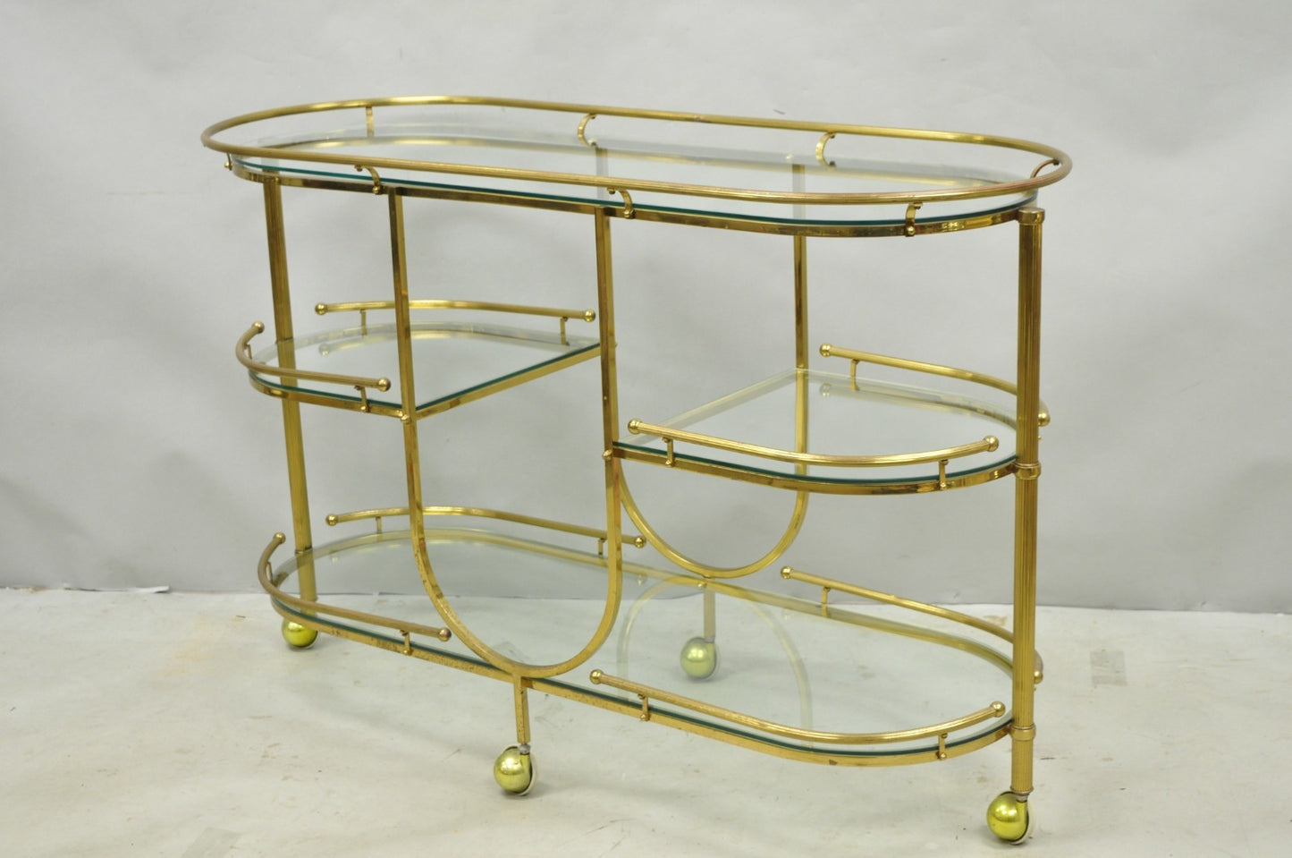 Vintage Mid Century Modern Brass 3 Tier Oval Frame Rolling Bar Cart Server Table