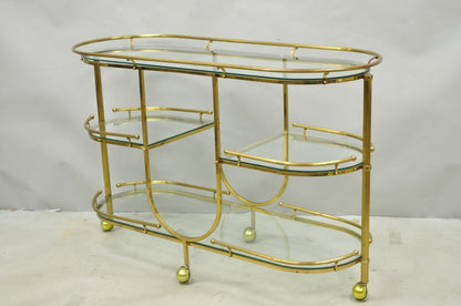 Vintage Mid Century Modern Brass 3 Tier Oval Frame Rolling Bar Cart Server Table