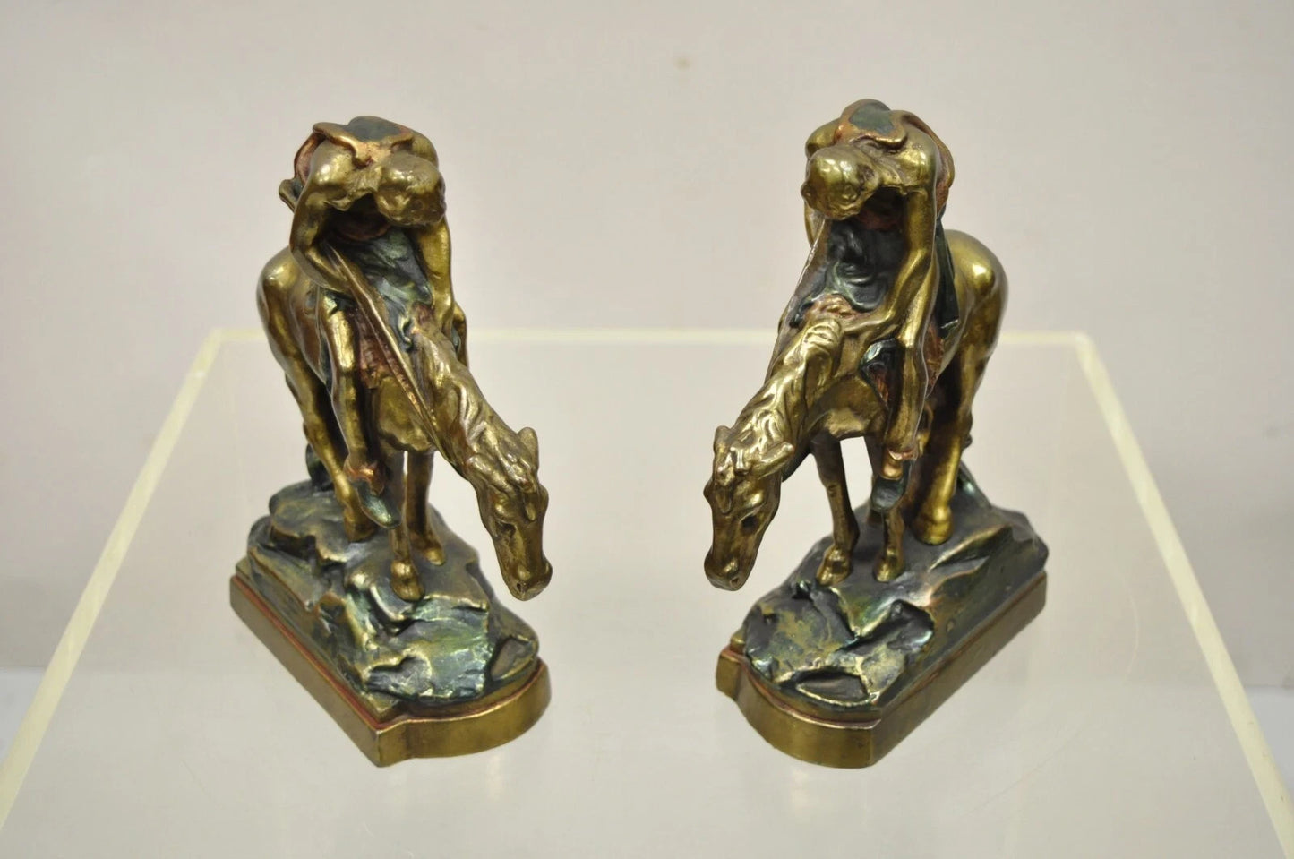 Vintage Bronze Clad 8" End of Trail Indian on Horse Figure Bookends - a Pair