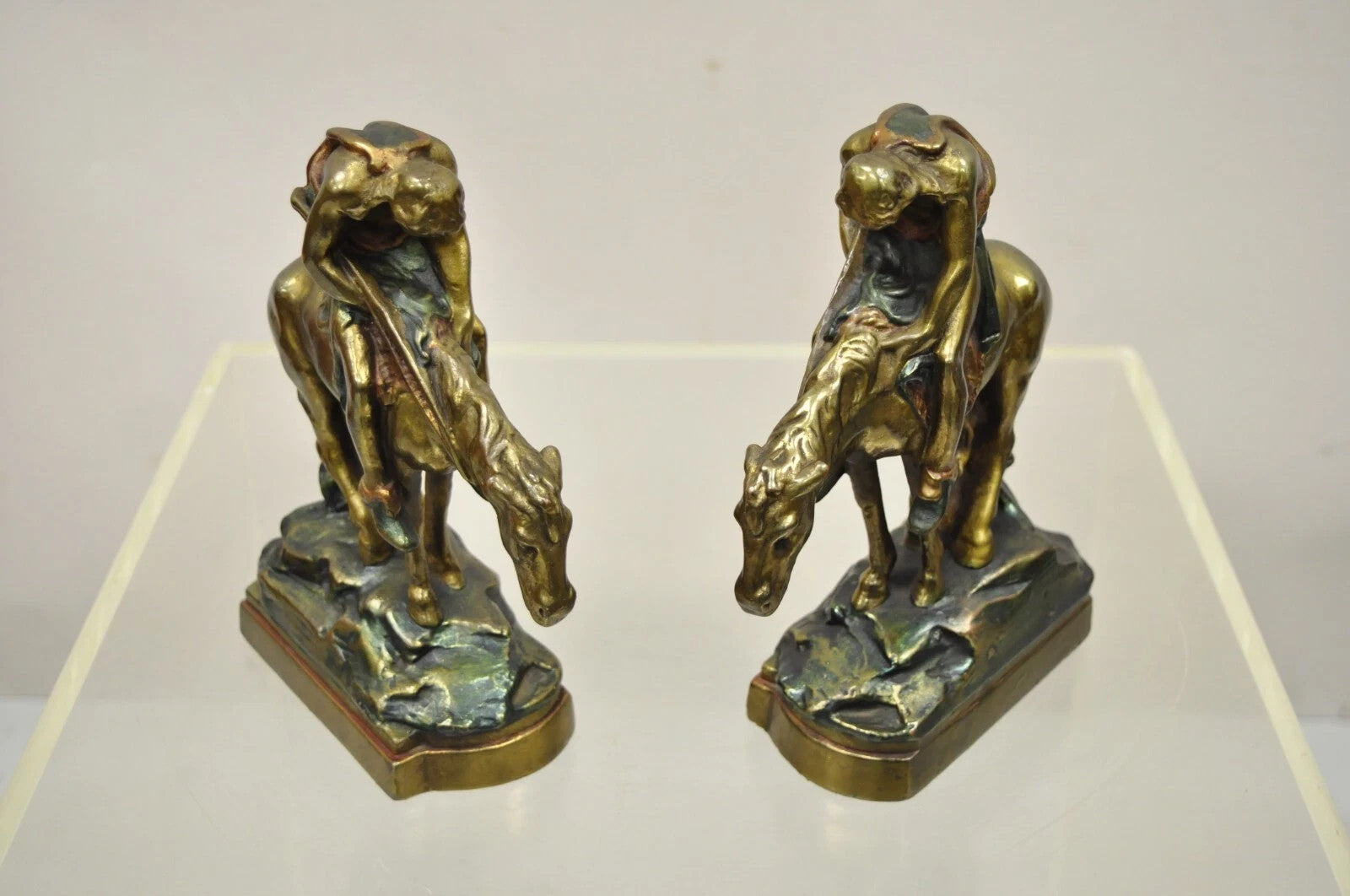 Vintage Bronze Clad 8" End of Trail Indian on Horse Figure Bookends - a Pair