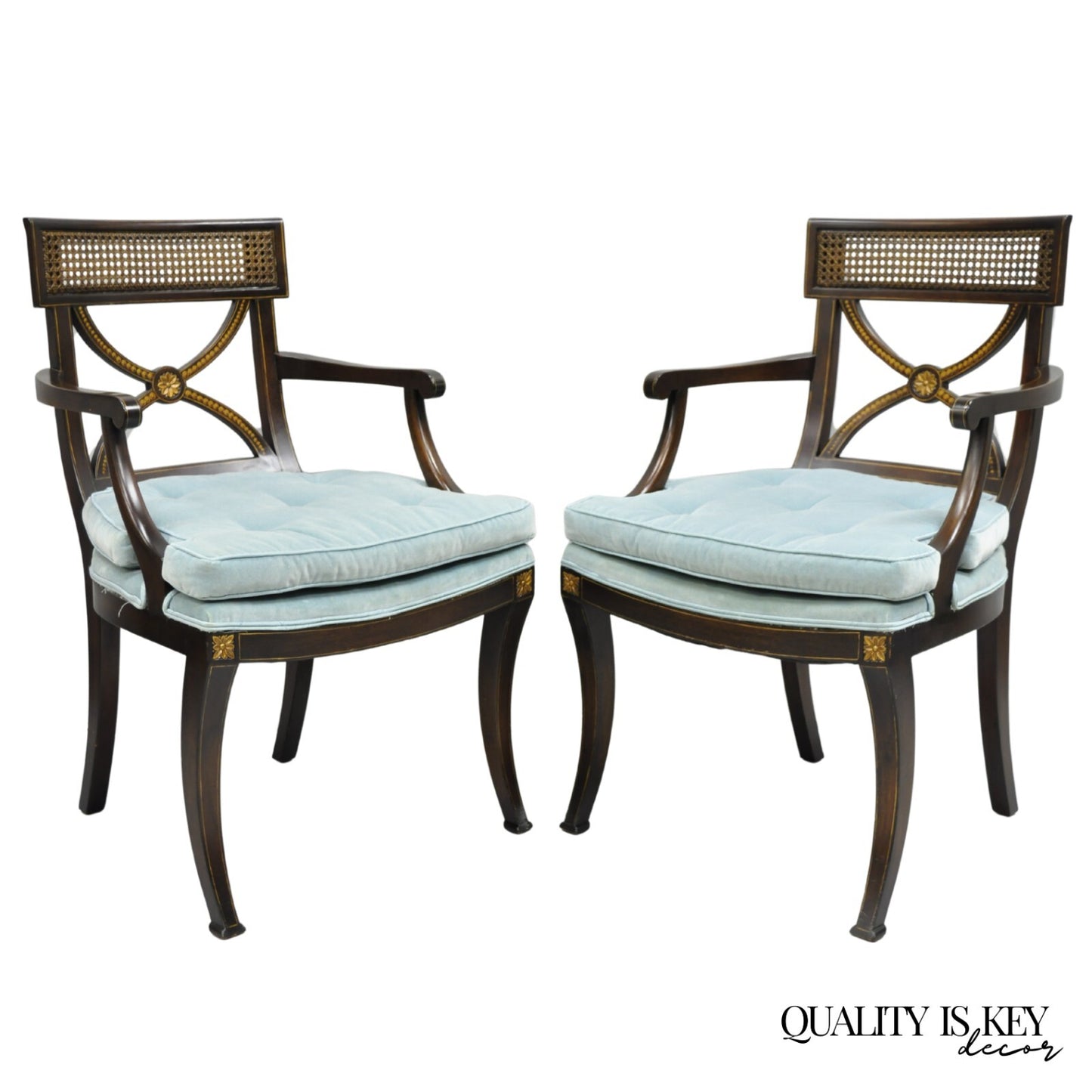 Vintage English Regency Style Mahogany Saber Leg Cane Back Arm Chairs - a Pair