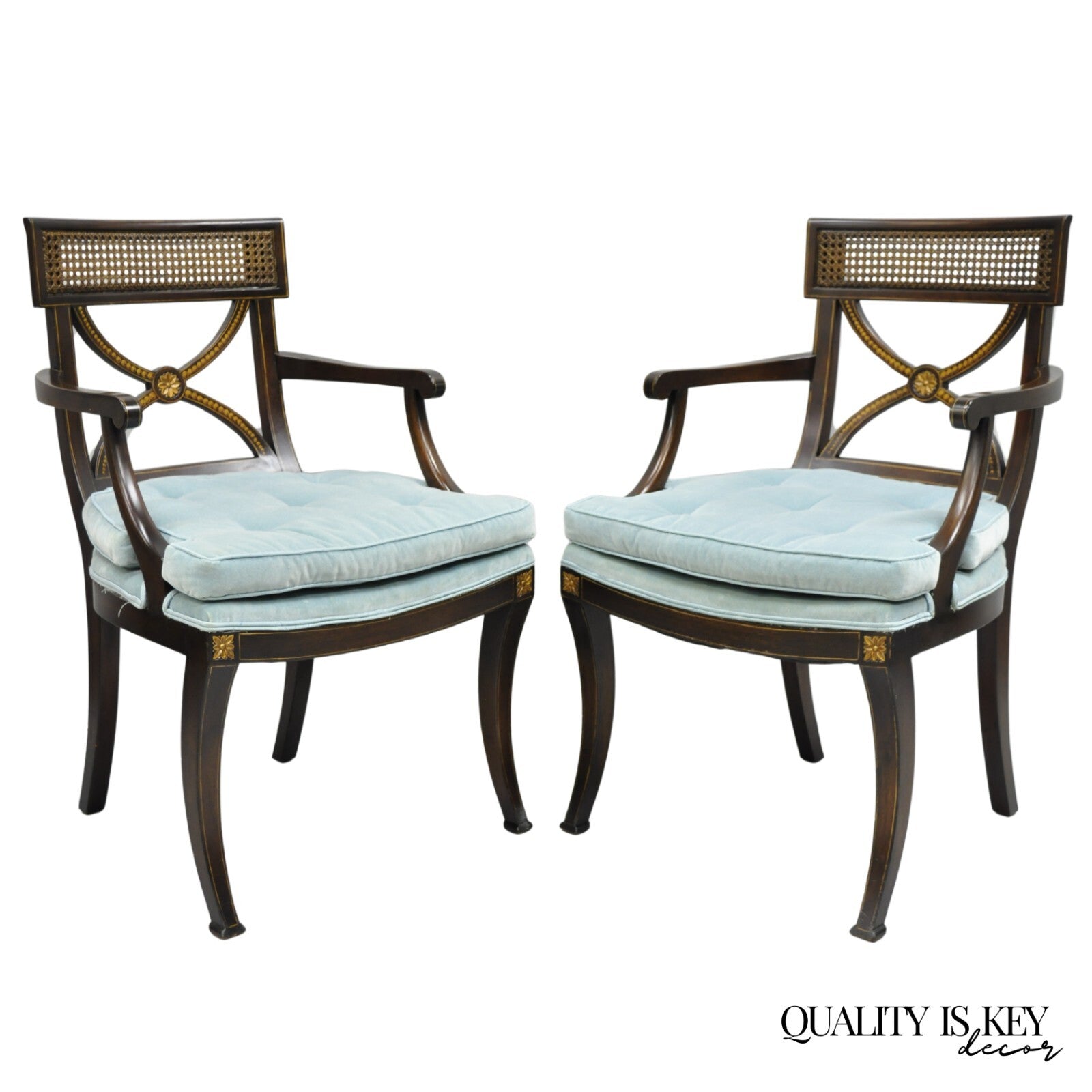 Vintage English Regency Style Mahogany Saber Leg Cane Back Arm Chairs - a Pair