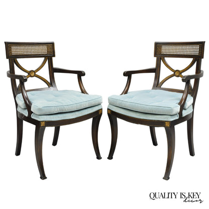 Vintage English Regency Style Mahogany Saber Leg Cane Back Arm Chairs - a Pair
