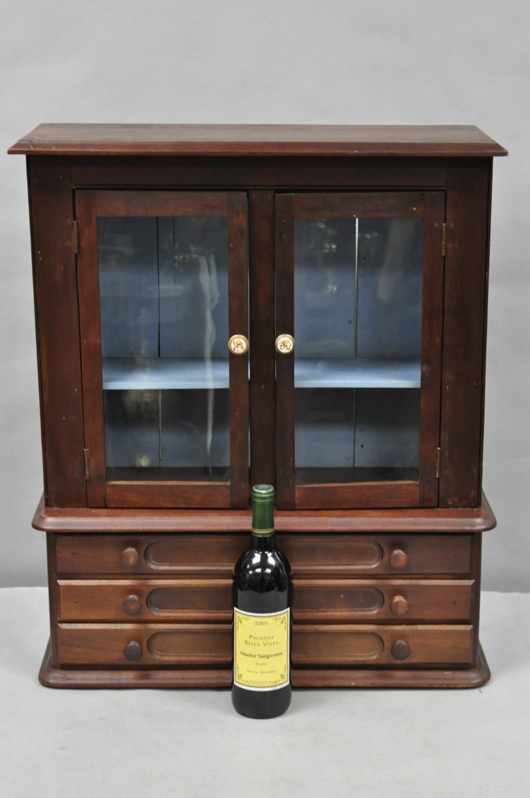 American Colonial Walnut Salesman Sample Apothecary Cupboard Display Cabinet