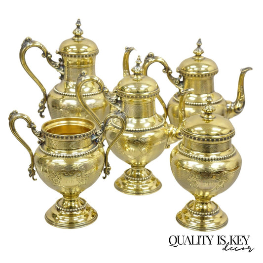 Meriden Victorian Gold Plated Ornate Tea Set w/ "PPW" Monogram - 5 Pc Set