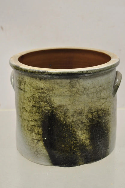 Antique Stoneware Salt Glazed 9" Round Pottery Crock Pot with Blue Flower