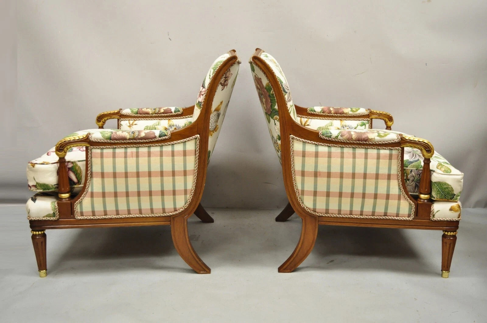 Vintage French Regency Style Floral Print Mahogany Bergere Lounge Chairs - Pair