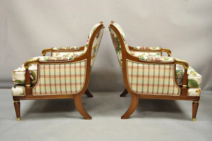 Vintage French Regency Style Floral Print Mahogany Bergere Lounge Chairs - Pair