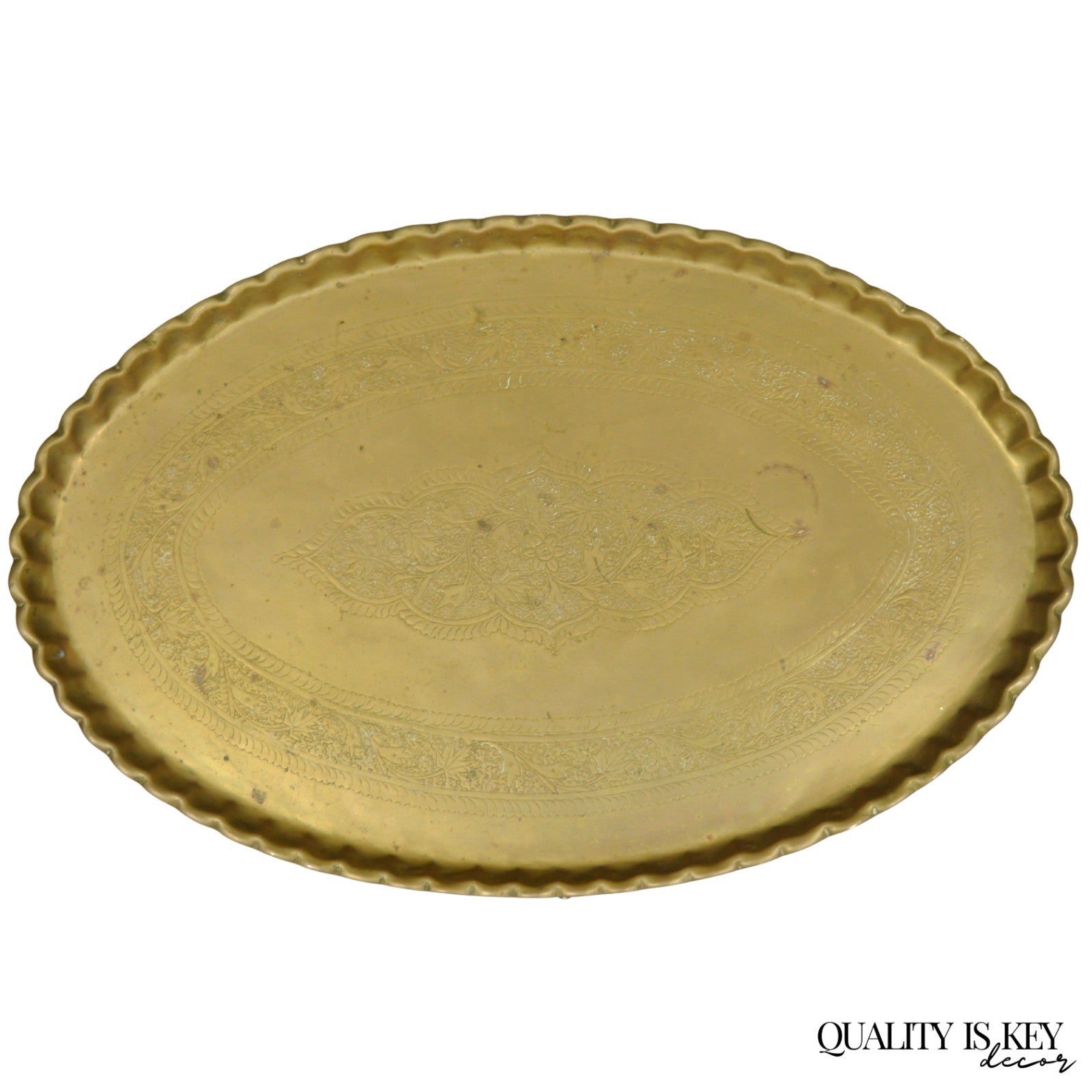 Vintage Moroccan Middle Eastern Solid Brass Large Oval Engraved 35" Tray Top