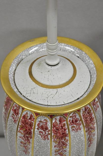 Victorian Red White Floral Painted French Porcelain Jardinière Table Lamps, Pair
