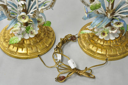 Vintage Italian Hollywood Regency Iron Tole Metal Painted Flower Table Lamp Pair