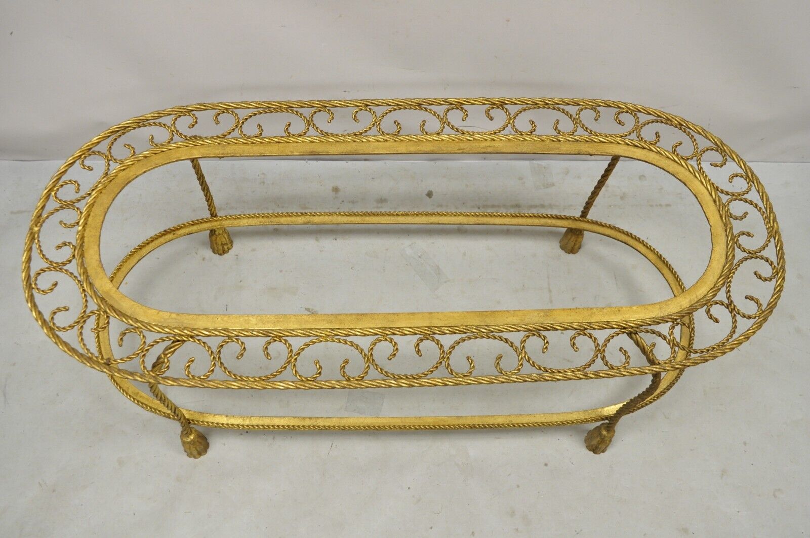 Italian Hollywood Regency Gold Gilt Iron Oval 2 Tier Rope Tassel Coffee Table