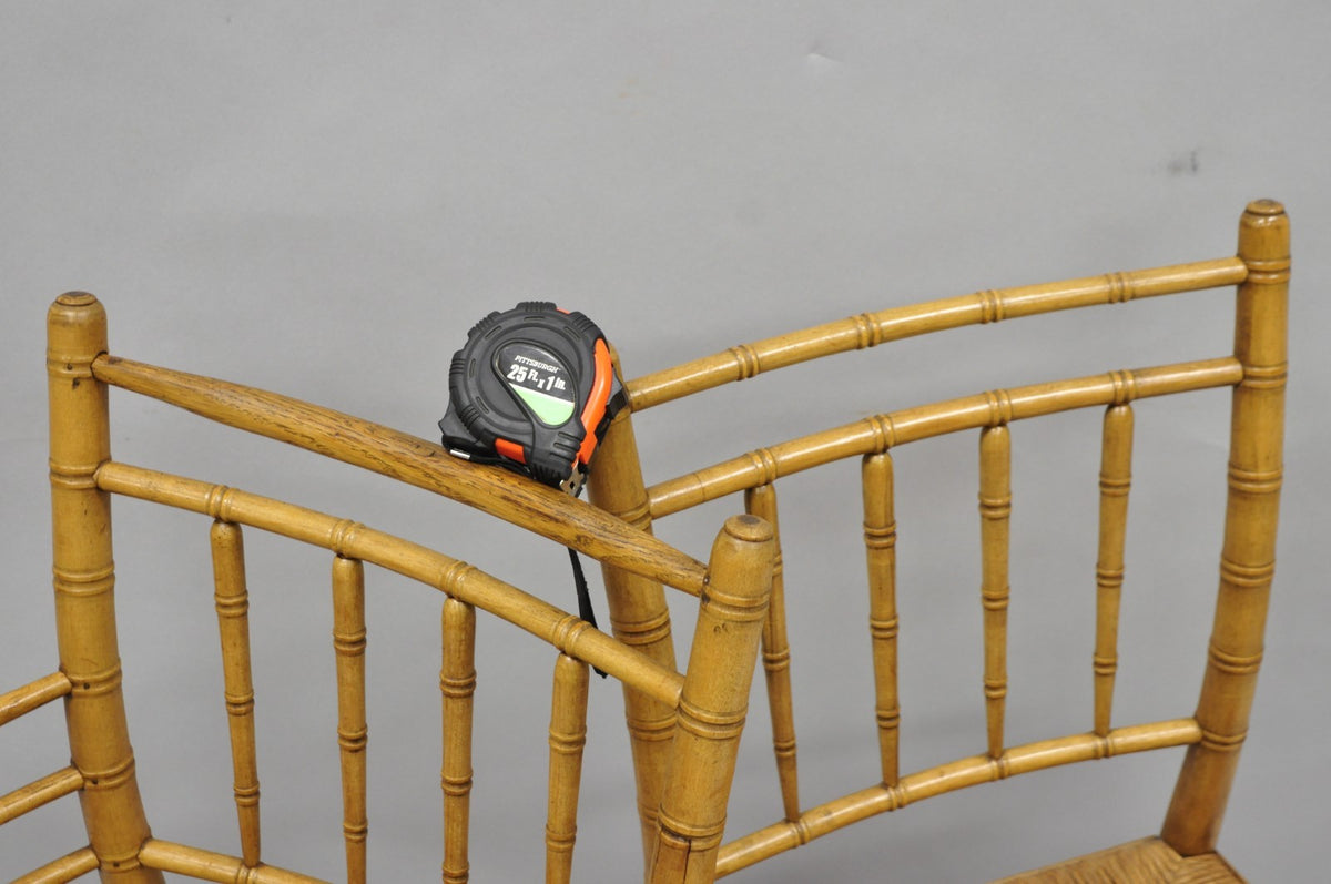 Antique English Regency Faux Bamboo Rush Seat Wooden Dining Chairs - Set of 6