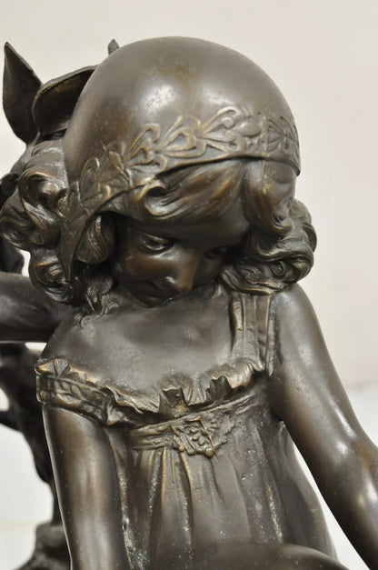 "Enjoue" after Auguste Moreau Victorian Bronze Boy and Girl Statue Sculpture