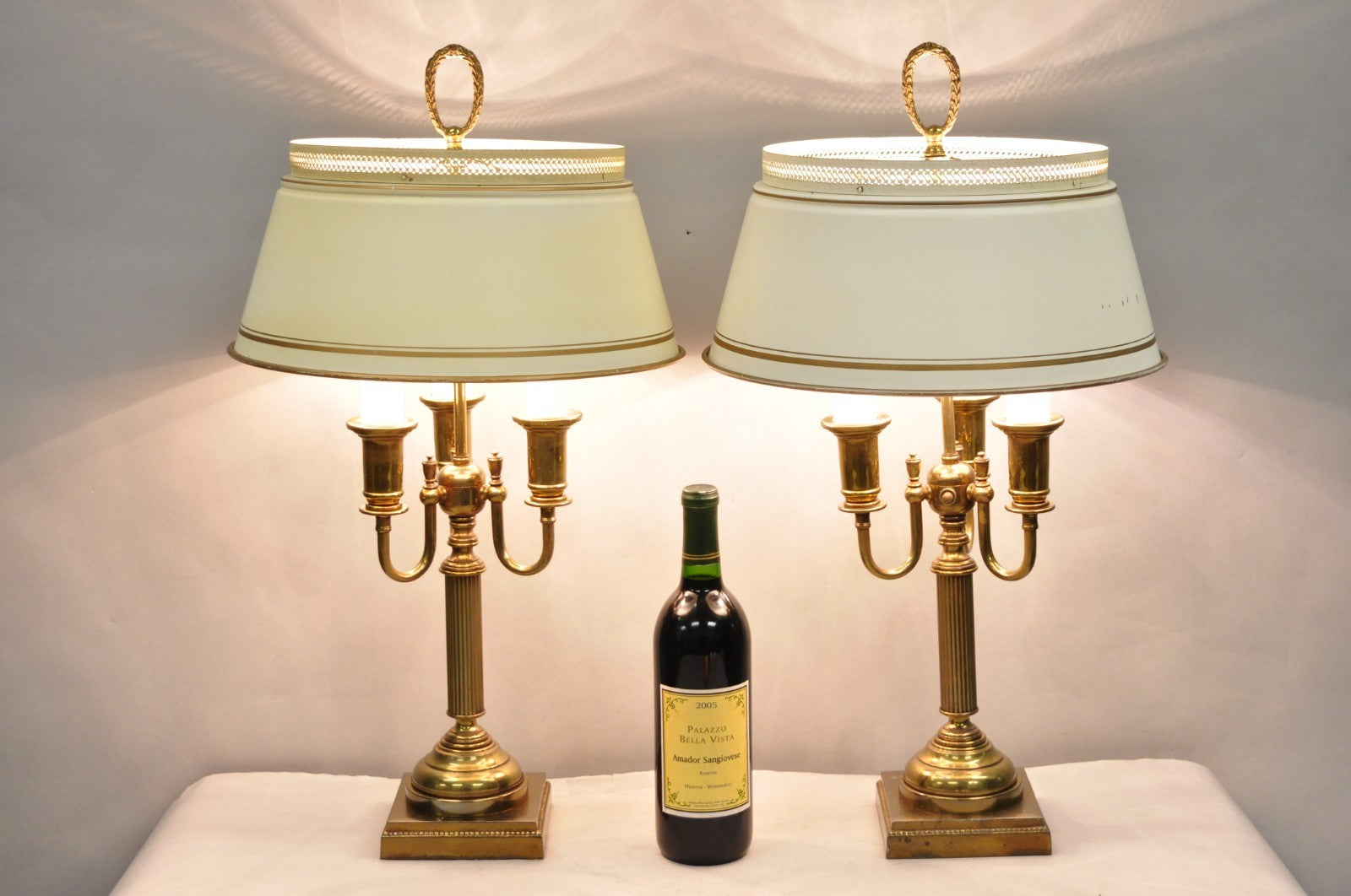 Vintage French Country Tole Metal Shade Brass Column Candelabra Table Lamps Pair
