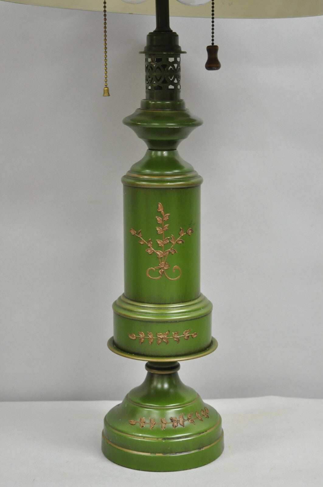 Vintage French Country Green Tole Metal Tall Lantern Table Lamp with Shade