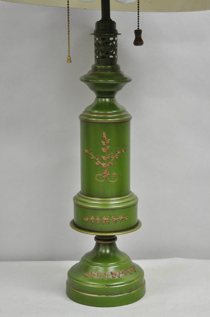 Vintage French Country Green Tole Metal Tall Lantern Table Lamp with Shade