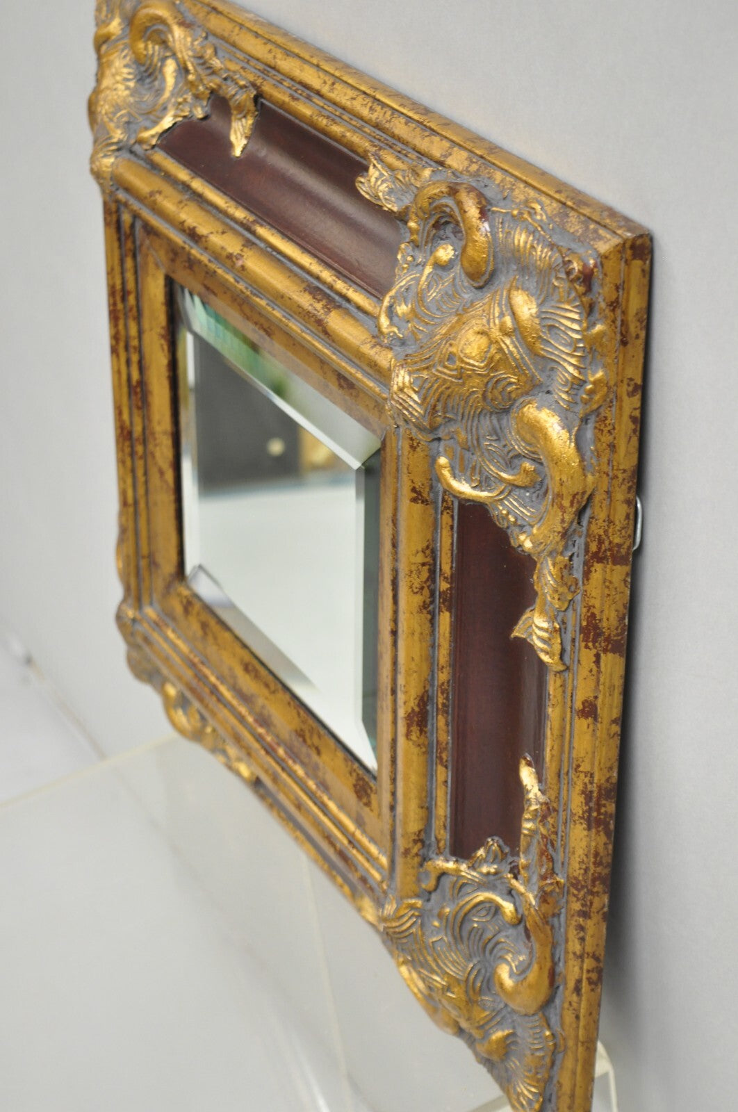 Decorator Repro 21x18 French Baroque Style Deep Red Gold Gesso Wall Mirror