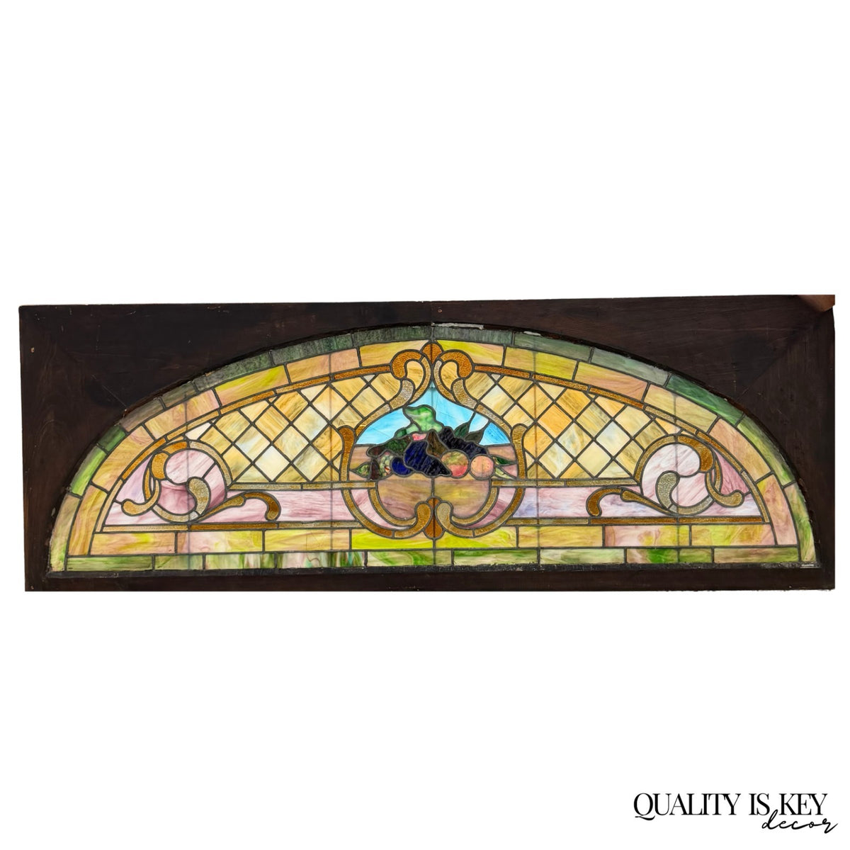 Antique Art Nouveau Colored Stained Glass Fruit 27 x 75 Arched Transom Window, B