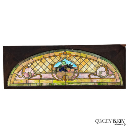 Antique Art Nouveau Colored Stained Glass Fruit 27 x 75 Arched Transom Window, B