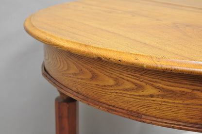 Antique English Victorian Oak & Elm Wood Round Extension Dining Table w 3 Leaves