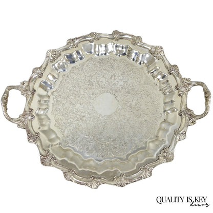 Vintage Victorian Silver Plated Round Scalloped Twin Handle Bar Serving Tray
