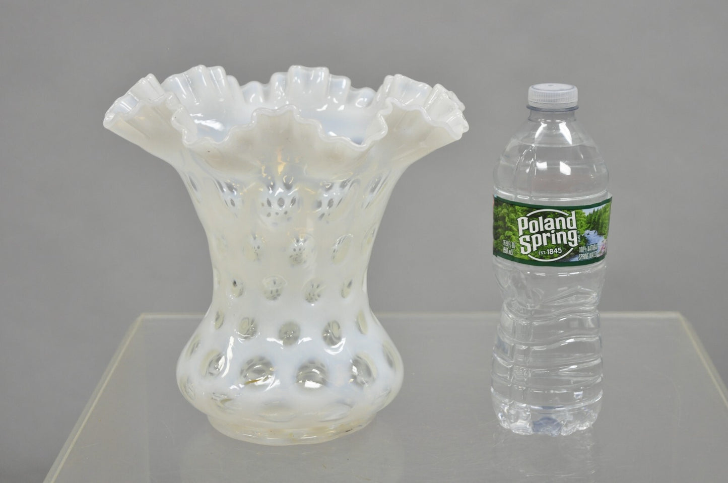 Vintage Fenton White Coin Dot Opalescent Art Glass Ruffle Edge Flower Vase
