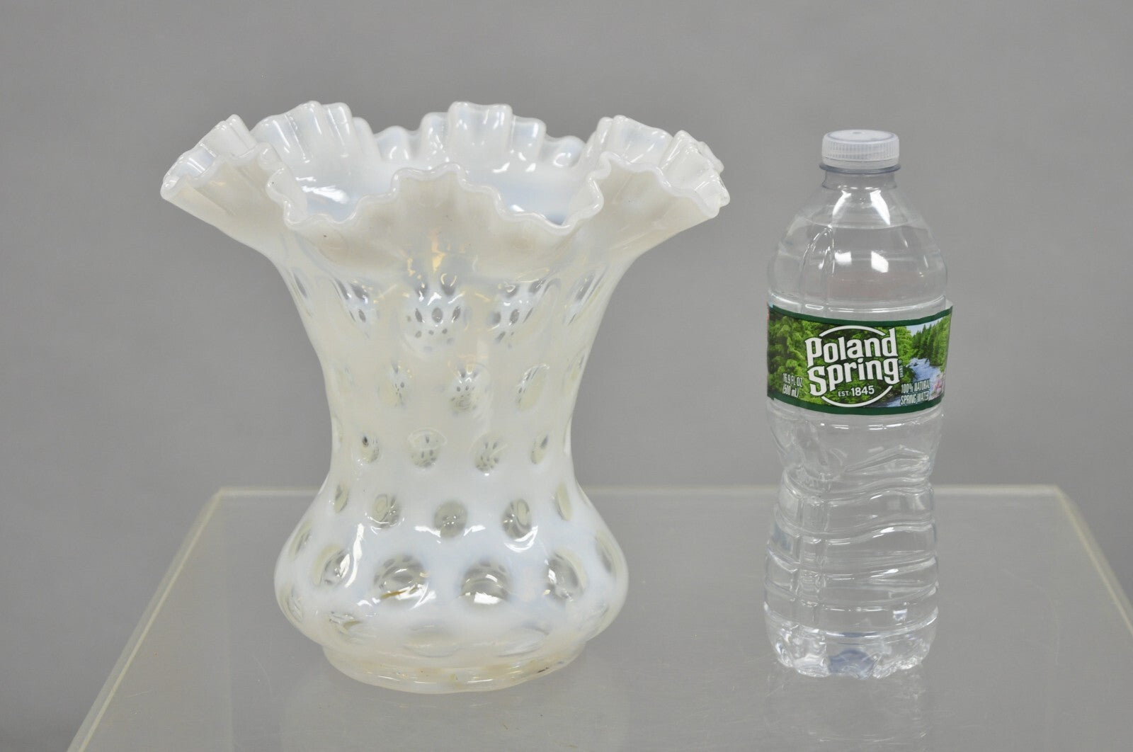 Vintage Fenton White Coin Dot Opalescent Art Glass Ruffle Edge Flower Vase