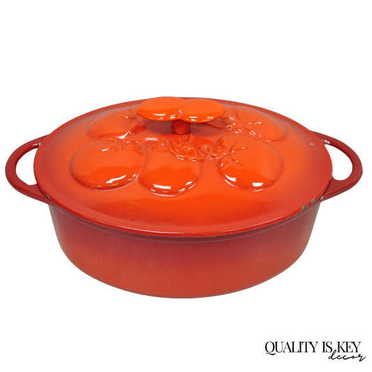 Technique 4 Quart Red Cast Iron Dutch Oven Covered Pot with Tomato Design on Lid