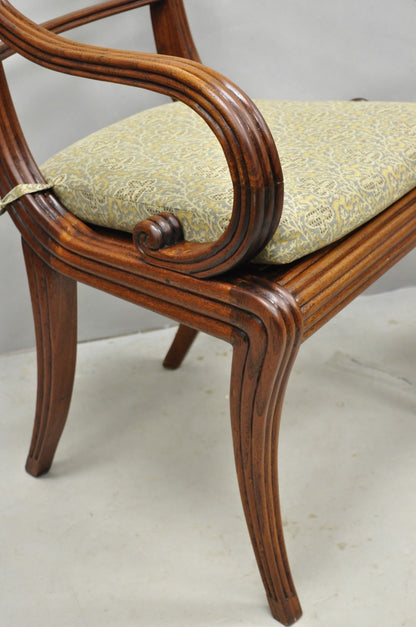 Vintage English Regency Style Cane Seat Mahogany Saber Leg Arm Chairs - a Pair