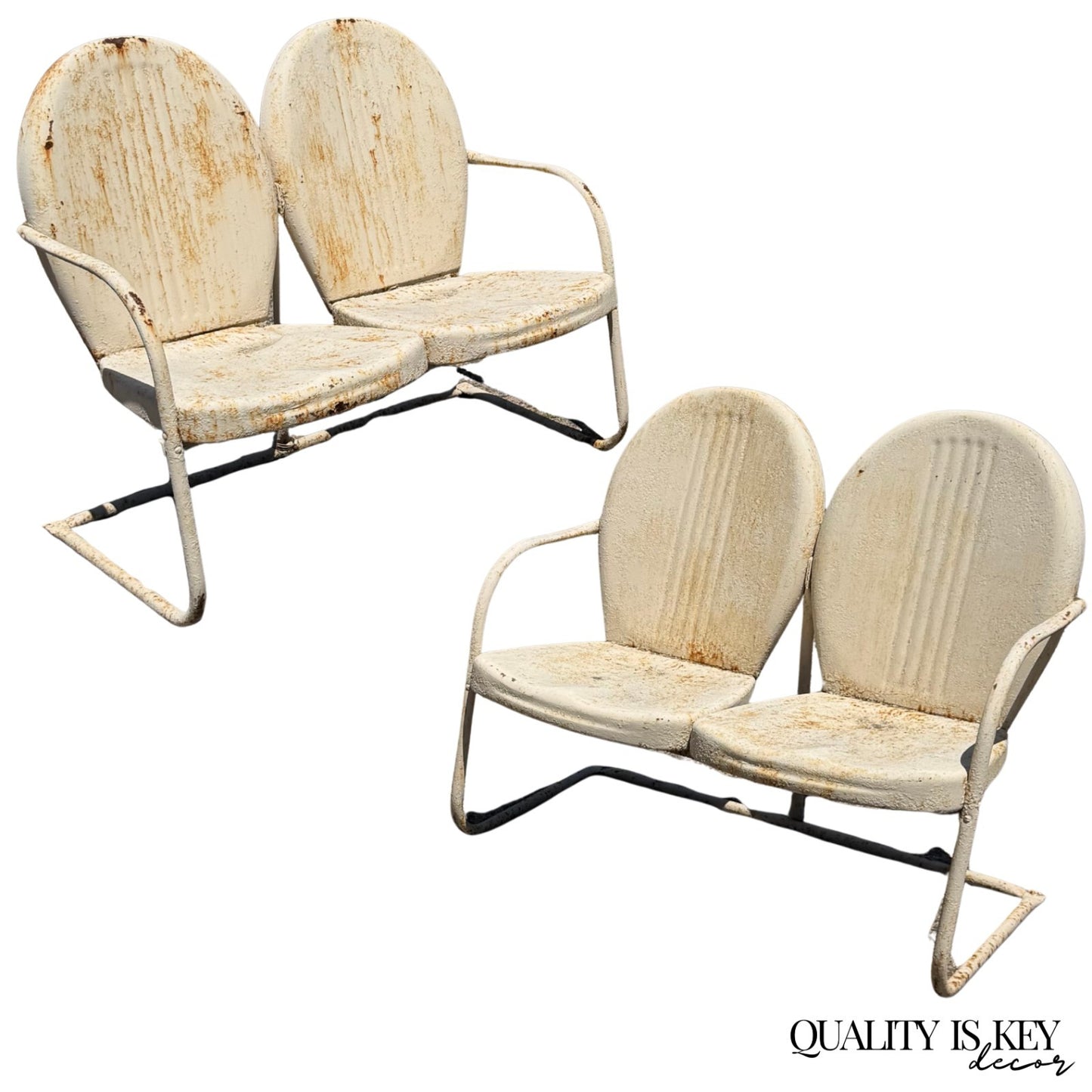 Vintage Art Deco Steel Metal Clam Shell Double Seat Porch Patio Loveseat - Pair