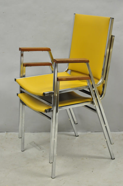 Vintage Nightingale Mid Century Modern Chrome & Yellow Vinyl Stacking Chair Pair