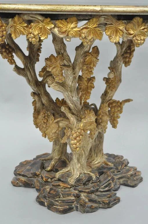 Vintage Italian Venetian Carved Wood Faux Bois Grapevine Center Tables - a Pair