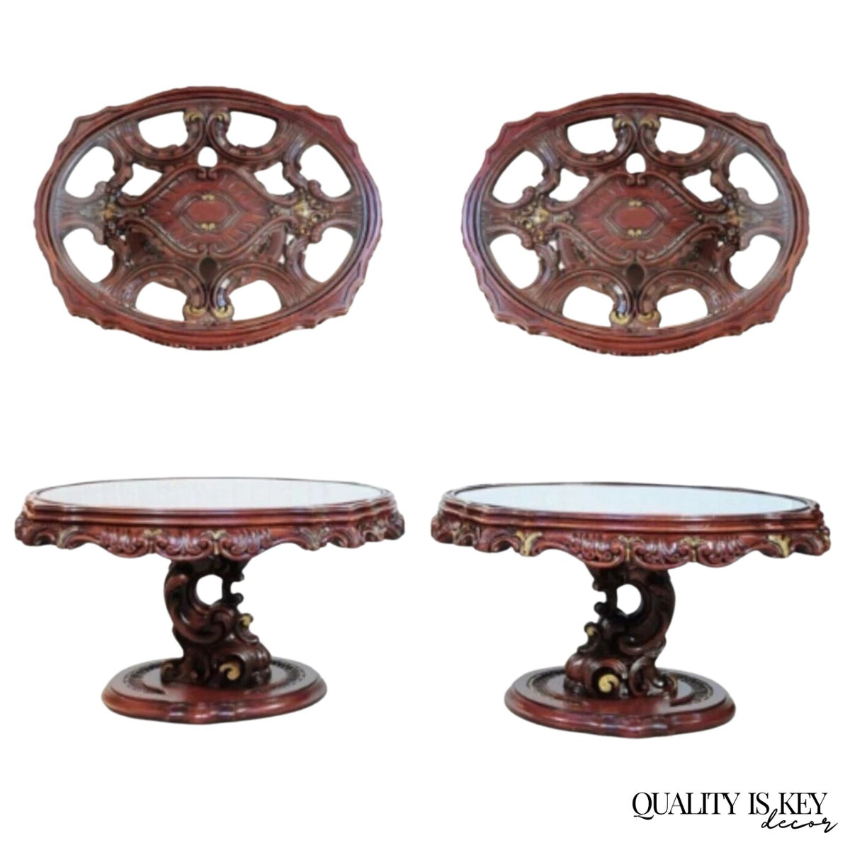 Vintage Mediterranean Style Carved Syroco Glass Top Round Low End Tables - Pair