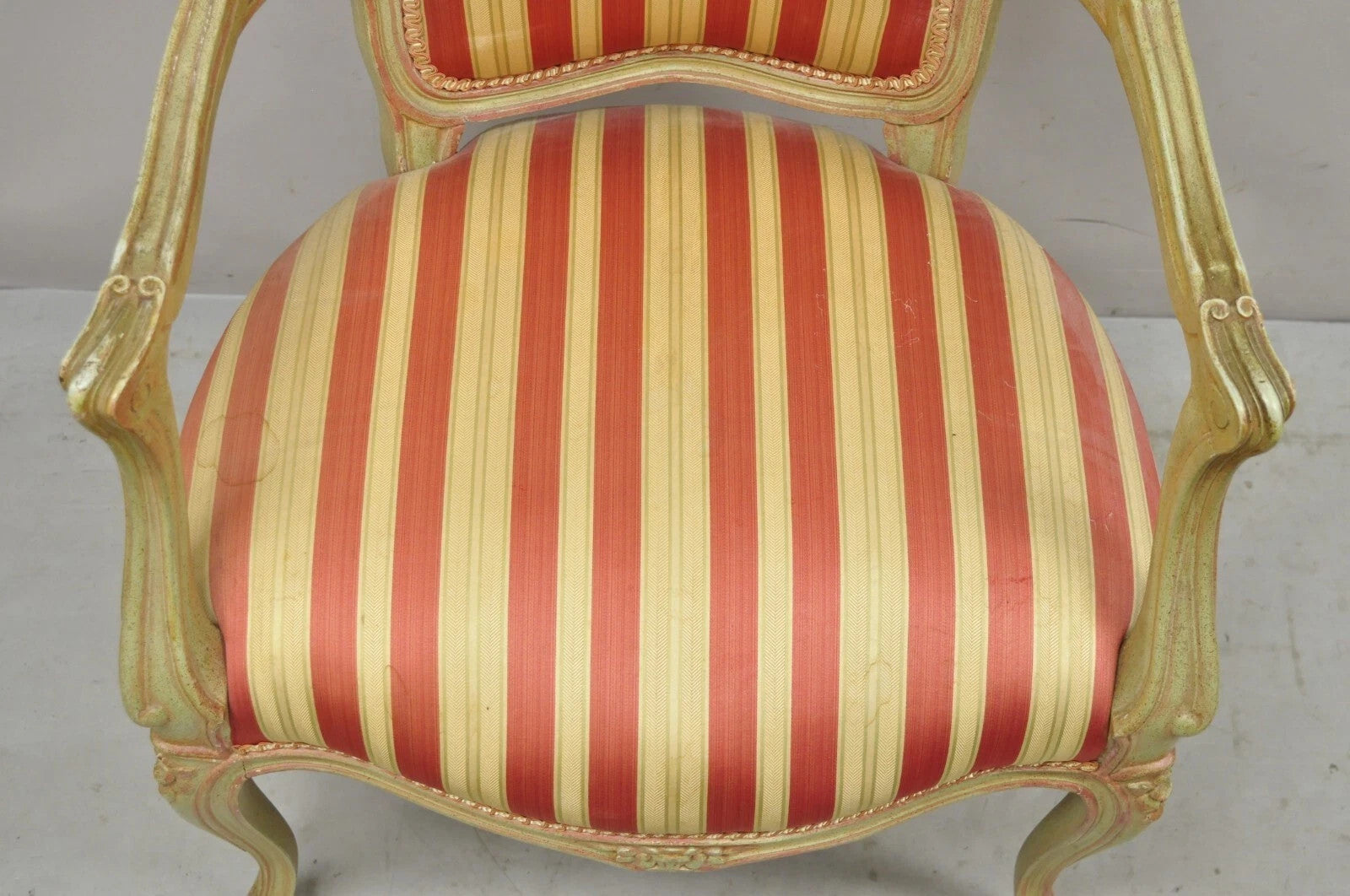 Vintage French Louis XV Style Green & Pink Painted Arm Chair w/ Striped Fabric