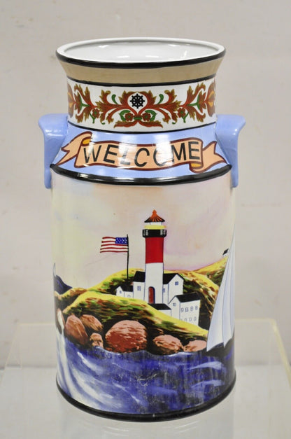 Vintage Nautical Painted Lighthouse and Flag Ceramic Umbrella Cane Holder