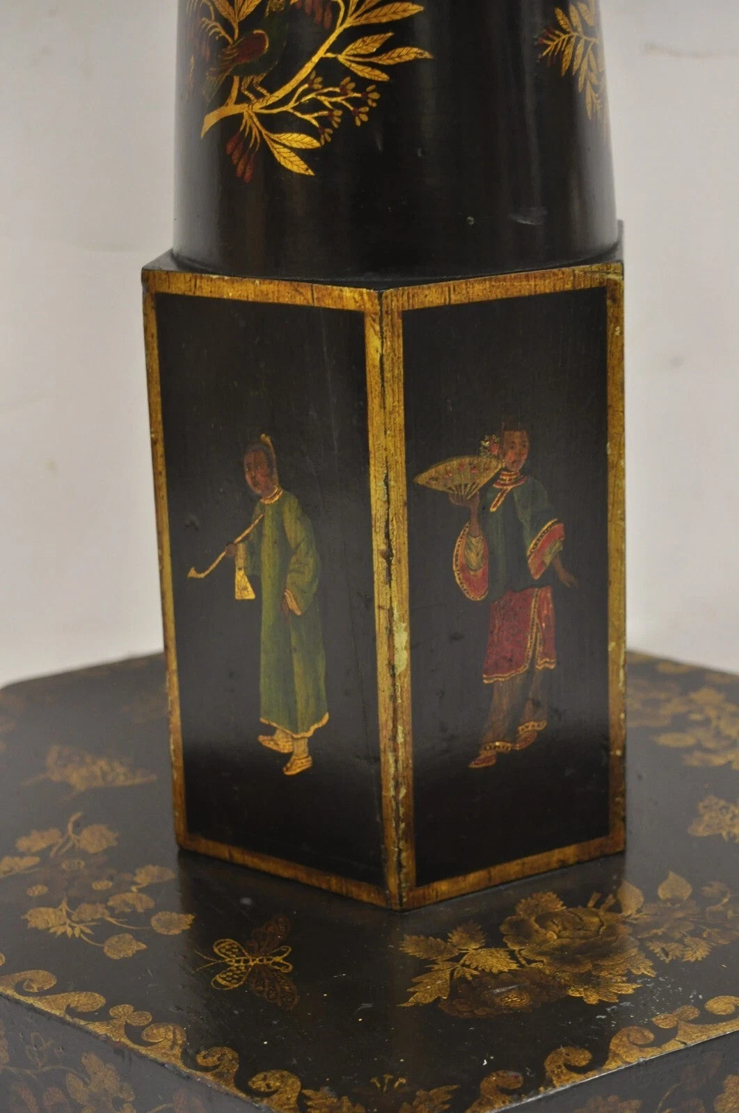 Antique Chinoiserie Hand Painted Pedestal Base Oriental Sewing Stand Side Table