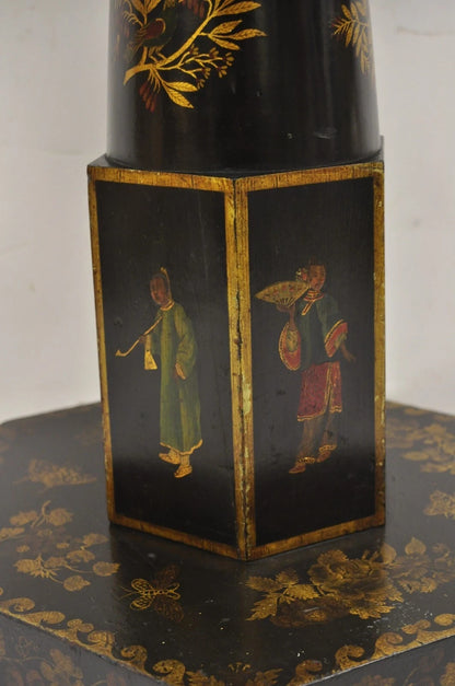 Antique Chinoiserie Hand Painted Pedestal Base Oriental Sewing Stand Side Table