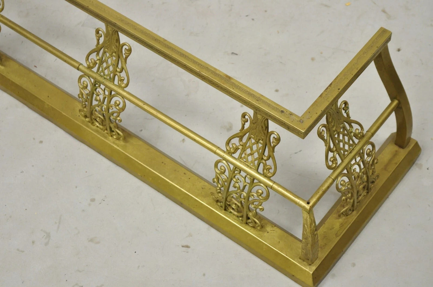 Antique Victorian Brass Scroll Accented 58" Fireplace Hearth Fender Surround