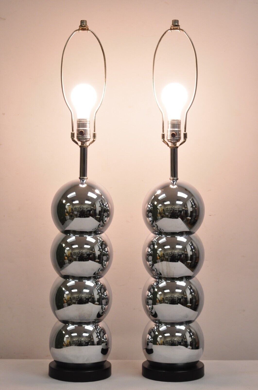 George Kovacs Mid Century Modern Chrome 4 Stacked Ball Table Lamps - a Pair