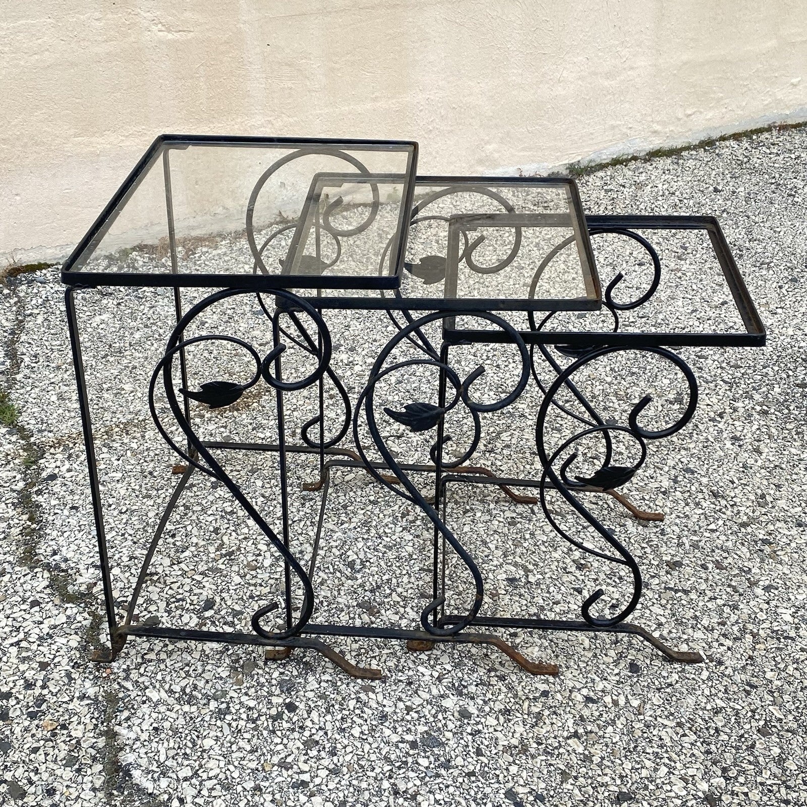 Vintage Art Nouveau Salterini Wrought Iron Garden Nesting Side Tables - 3 Pc Set