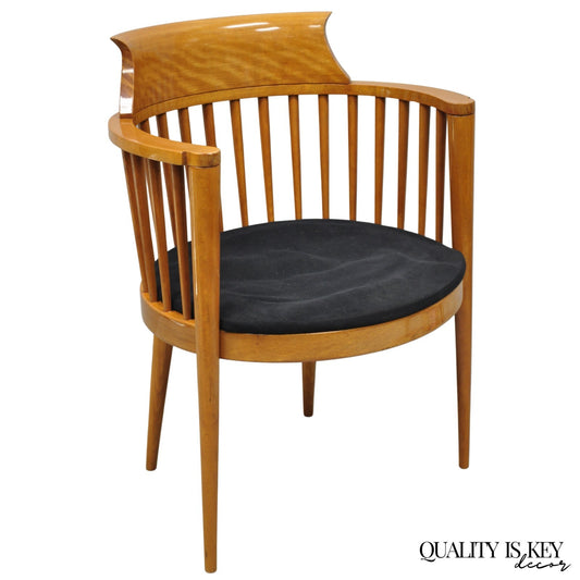 Vintage Postmodern Maple Wood Spindle Barrel Back Tapered Leg Lounge Arm Chair