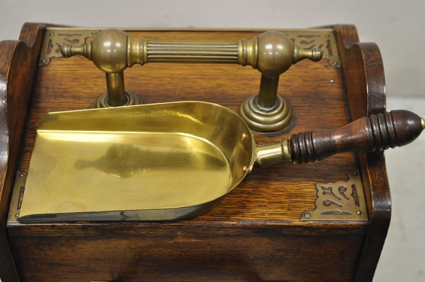 Antique Victorian Oak and Brass Fireplace Coal Scuttle Box Bucket w/ Scoop