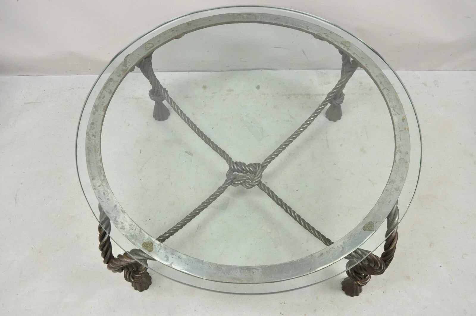 Italian Hollywood Regency Steel Knotted Rope and Tassel Round Glass Coffee Table