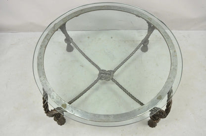 Italian Hollywood Regency Steel Knotted Rope and Tassel Round Glass Coffee Table
