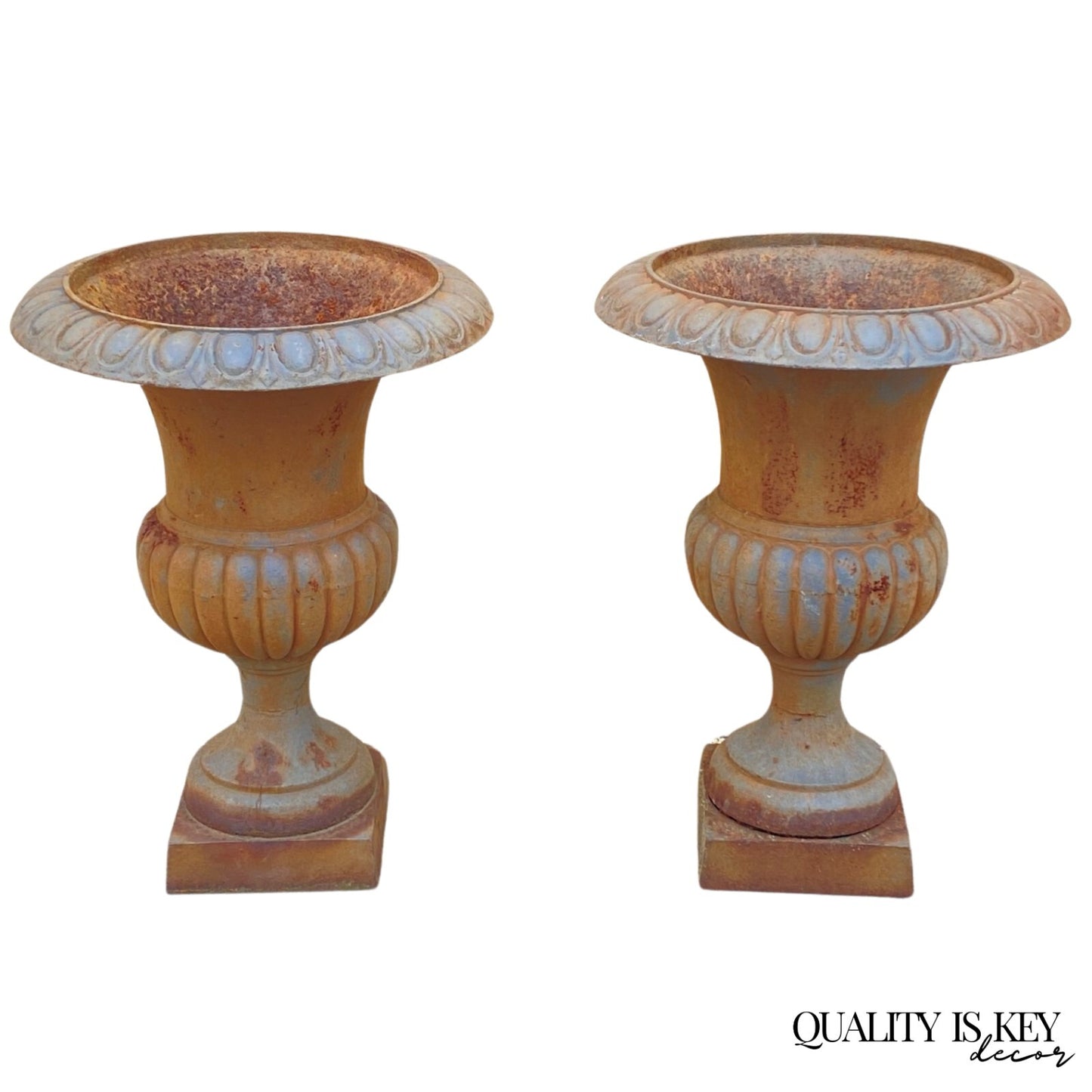 Vintage French Empire Style Large 30" Cast Iron Urn Form Garden Planters - Pair