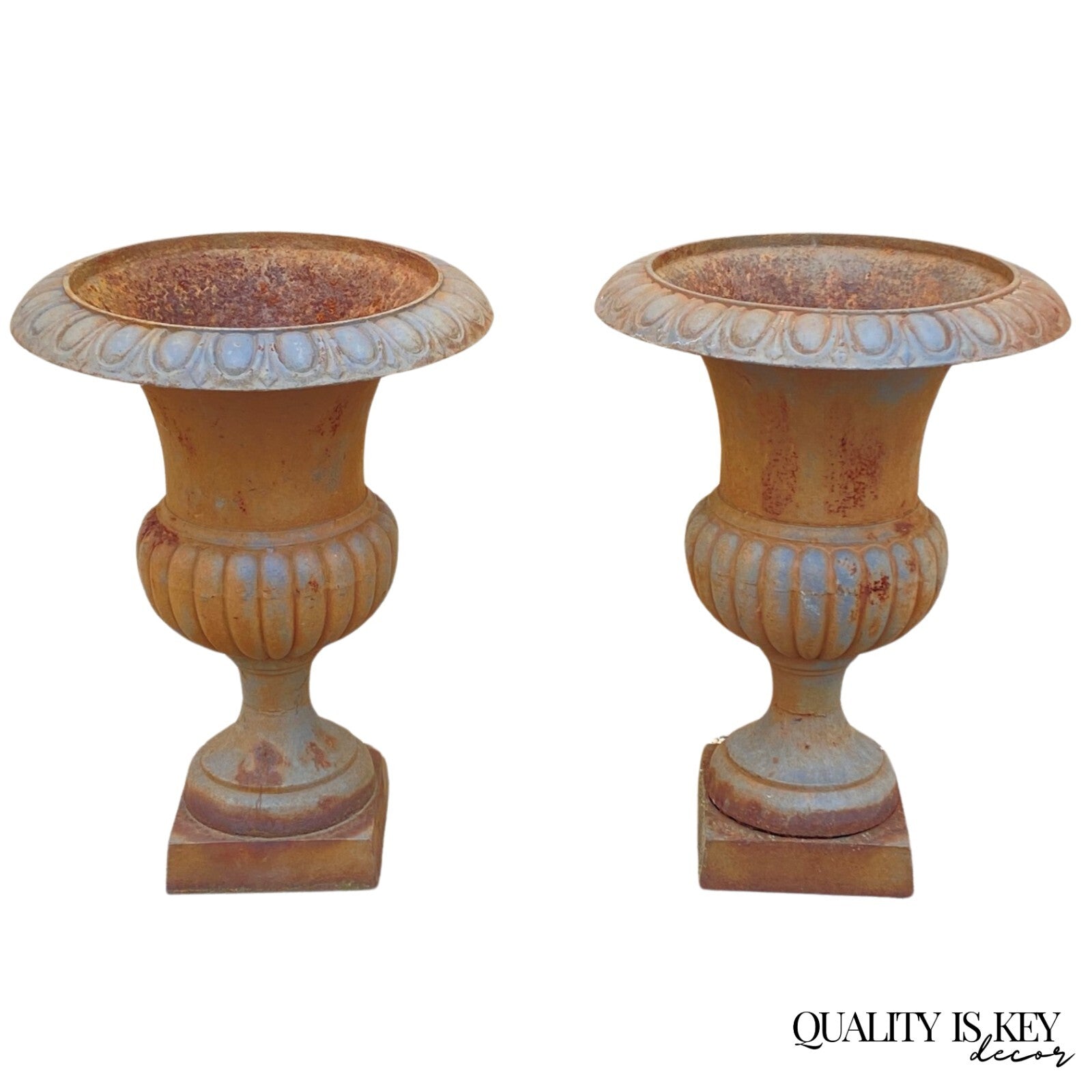 Vintage French Empire Style Large 30" Cast Iron Urn Form Garden Planters - Pair